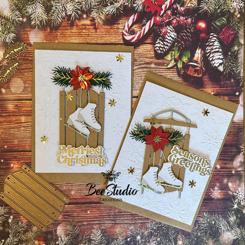 2 completed cards with white backgrounds, sledge, ice skates and poinsettia. 