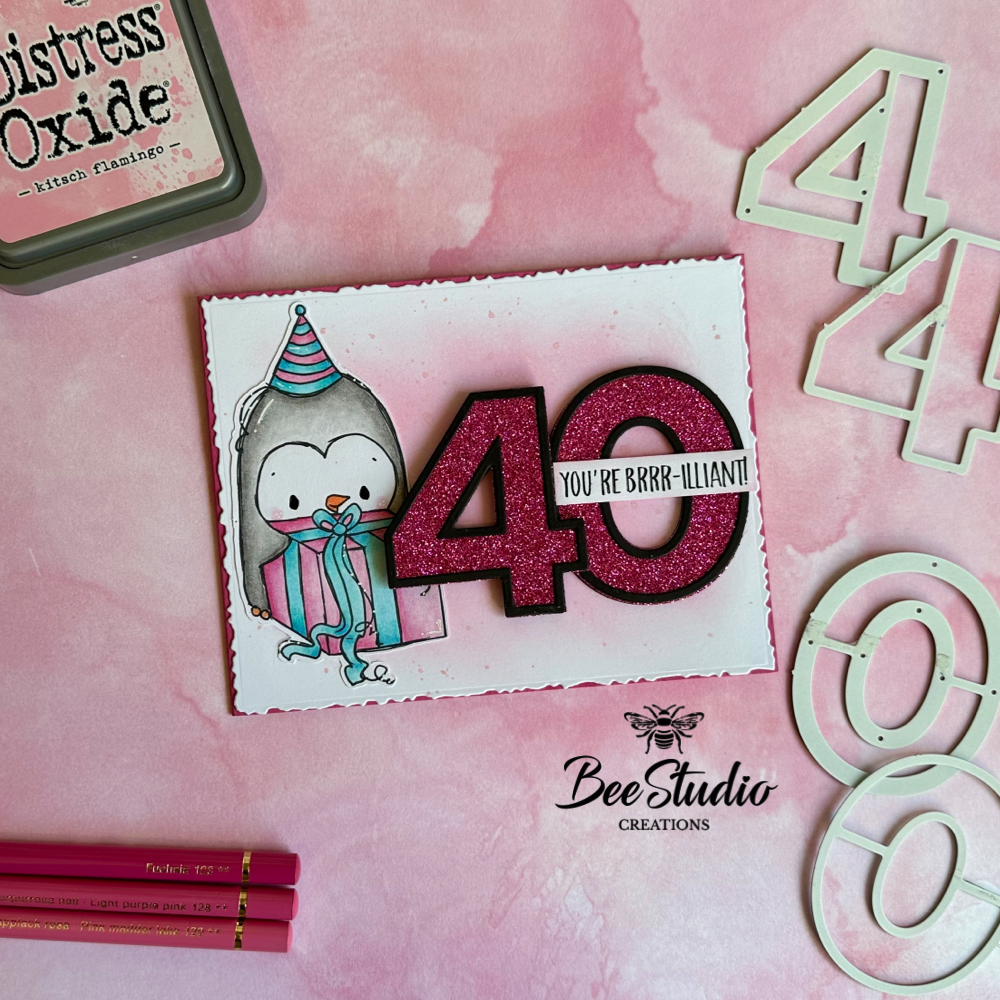 Handmade penguin 40th birthday card.
