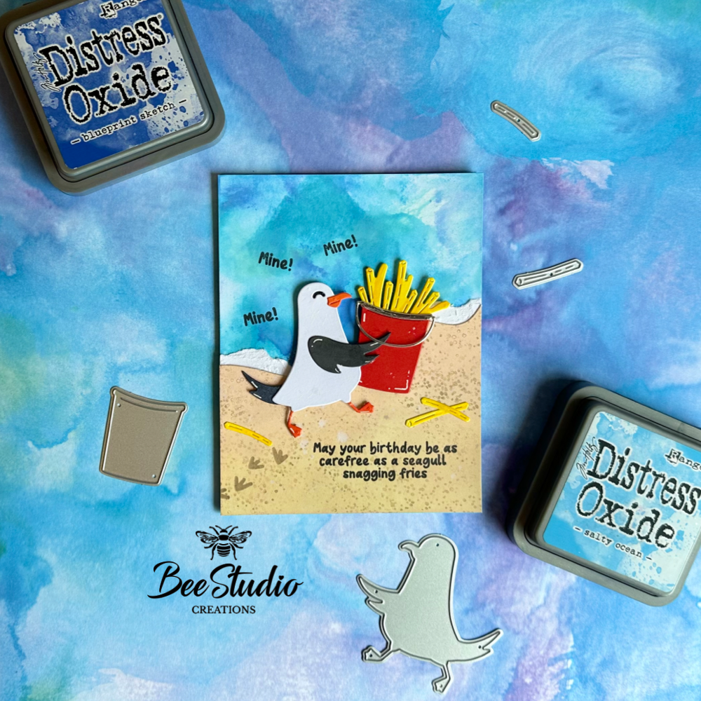 Birthday card featuring a seagull stealing chips.