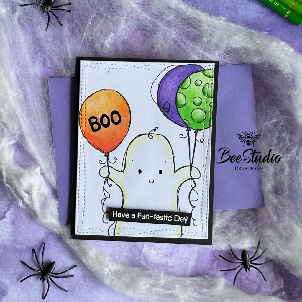 Birthday card featuring a cute ghost with balloons.