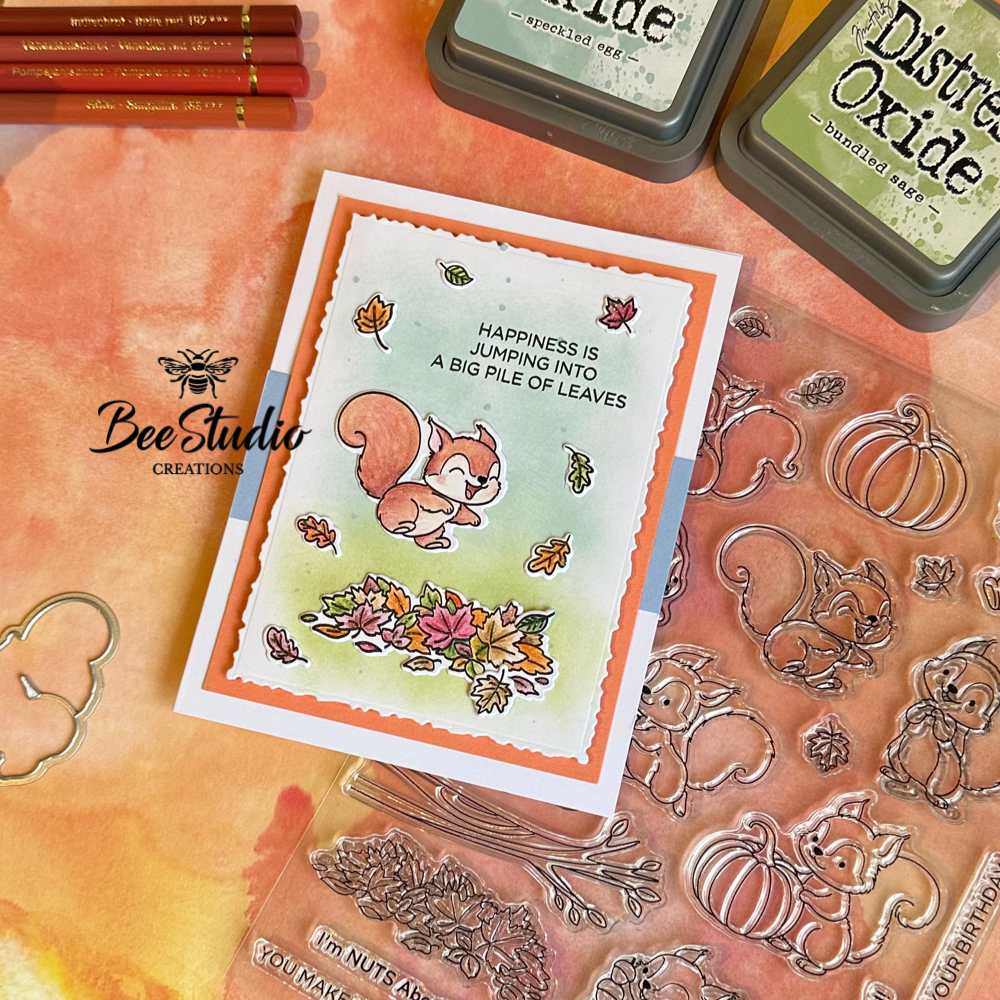 Handmade autumn card with cute red squirrel.