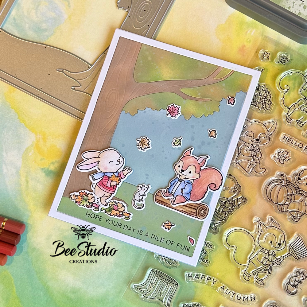 Handmand autumnal card featuring cute squirrel & bunny. 