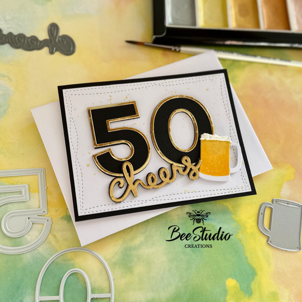 Handmade 50th birthday card with beer and cheers.