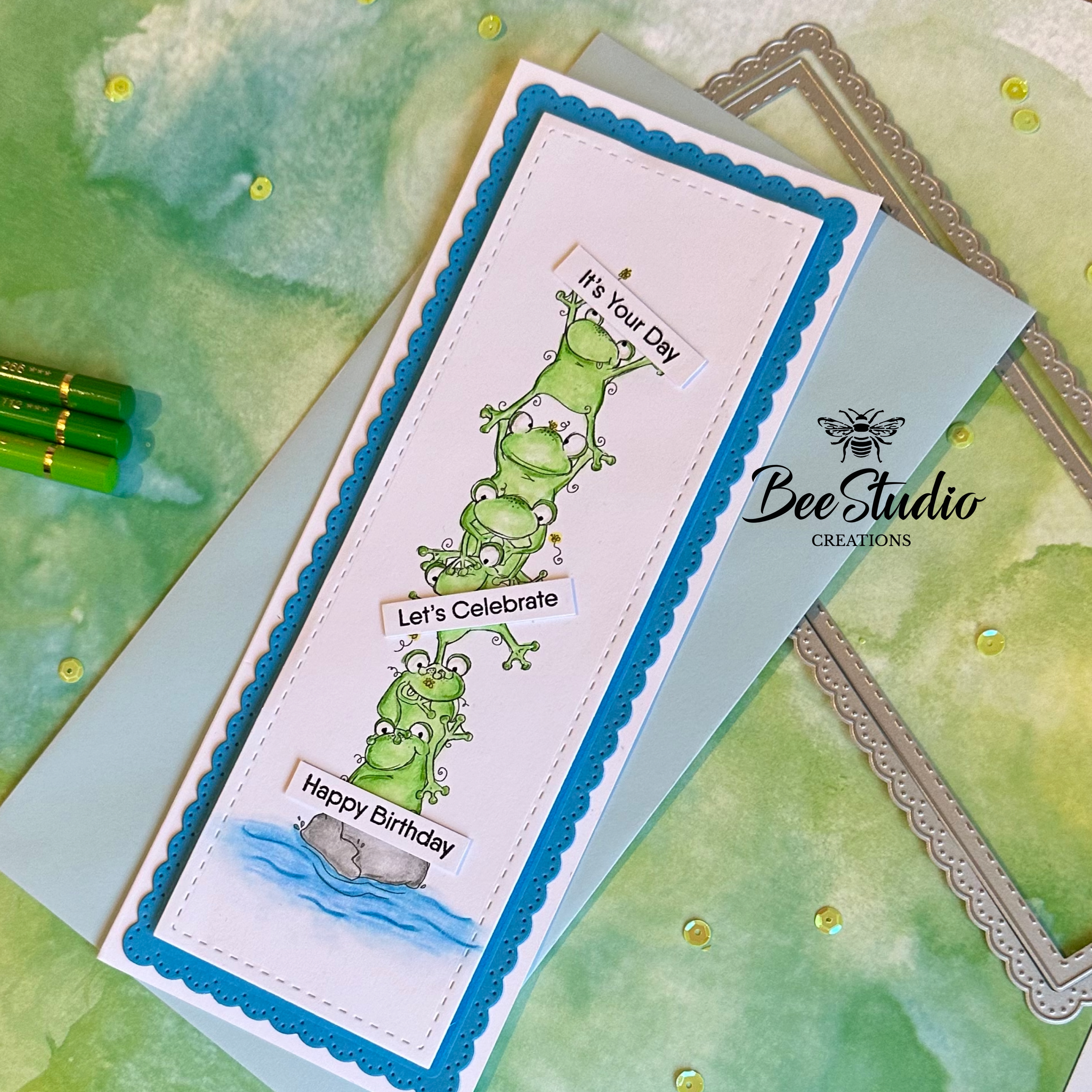 Happy birthday stacked frogs birthday card.